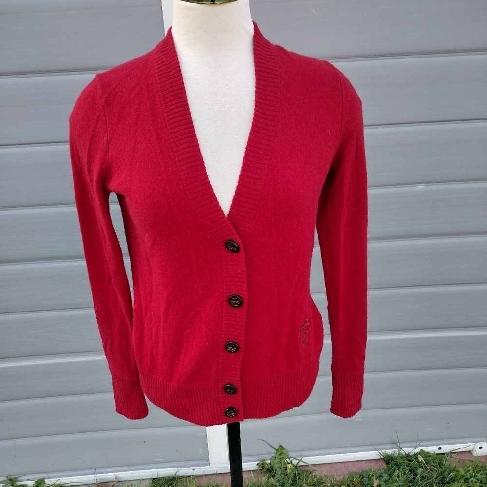 Tory Burch Inez Cashmere V Neck Logo Cardigan Red Size Small HOLE See Pics